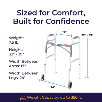 Drive Medical Two-Button Folding Walker w/ Wheels - Lightweight Rolling Mobility Support - Adjustable Height - Dual Push-Button Operation - 5 Inch Front Wheels - Durable Aluminum - Silver