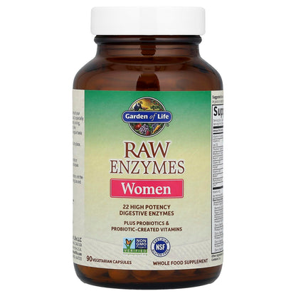 Garden of Life 22 Digestive Enzymes for Women with Bromelain, Papain, Lipase & Lactase plus Probiotics & Vitamins B12, Biotin & Zinc – RAW Enzymes – Non-GMO, Gluten-Free, Vegetarian, 90 capsules