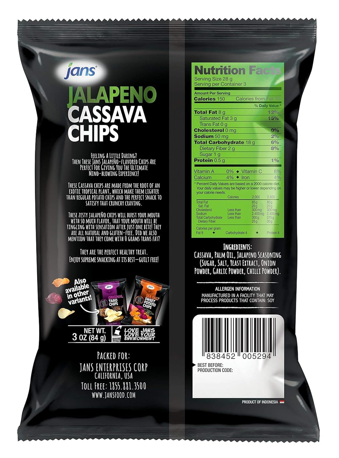 Jans Root Chips, Jalapeño Cassava Chips 3 Oz – Pack of 1 | Crispy Yuca, Spicy Jalapeno Snack Alternative to Potato Chips, Gluten Free, Non-GMO, Kettle Cooked Root Vegetable Chip