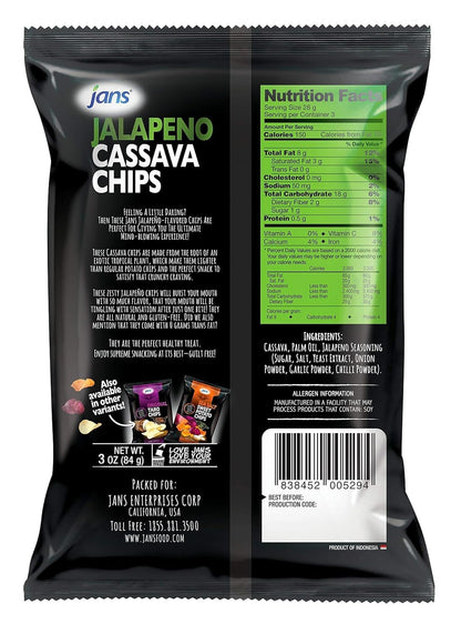 Jans Root Chips, Jalapeño Cassava Chips 3 Oz – Pack of 1 | Crispy Yuca, Spicy Jalapeno Snack Alternative to Potato Chips, Gluten Free, Non-GMO, Kettle Cooked Root Vegetable Chip