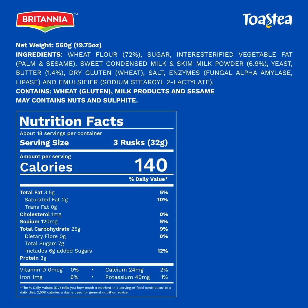 BRITANNIA Toastea Milk Rusk 19.75oz (560g) - Biscotte Au Lait - Crispy, Crunchy Tea Moments - Breakfast & Tea Time Snacks (Pack of 1)