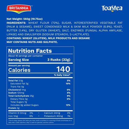 BRITANNIA Toastea Milk Rusk 19.75oz (560g) - Biscotte Au Lait - Crispy, Crunchy Tea Moments - Breakfast & Tea Time Snacks (Pack of 1)
