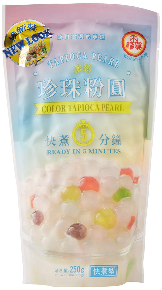 Wu Fu Yuan Colored Tapioca Pearls, 8.8 oz (250g) – Quick-Cooking Boba for Bubble Tea, Desserts, Milk Tea & More – Rainbow Tapioca Balls