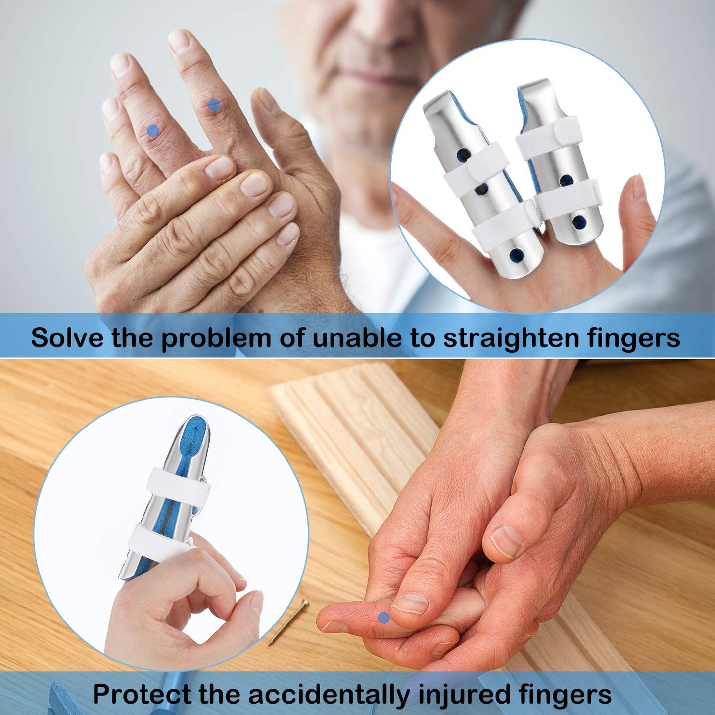 BBTO 10 Pieces Finger Splints Metal Padded Support Finger Stabilizer with Soft Foam Interior and Loop Straps, 3 Sizes(10 Pieces,Blue)