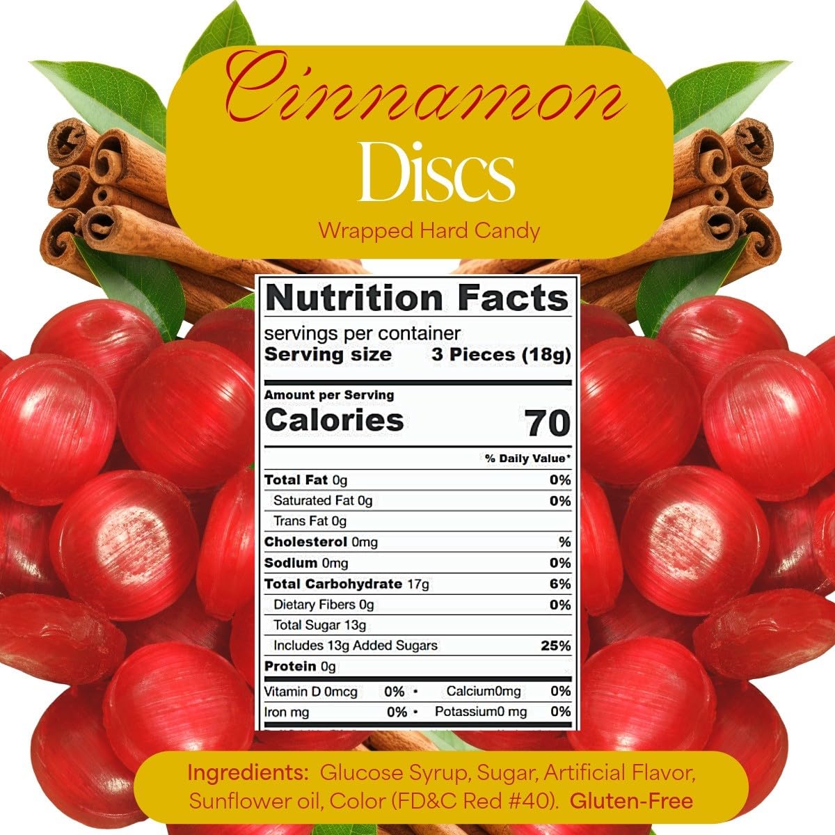 SweetGourmet Cinnamon Discs Hard Candy, Red Wrapper, Bulk Wrapped, Gluten-Free, 2 Pounds