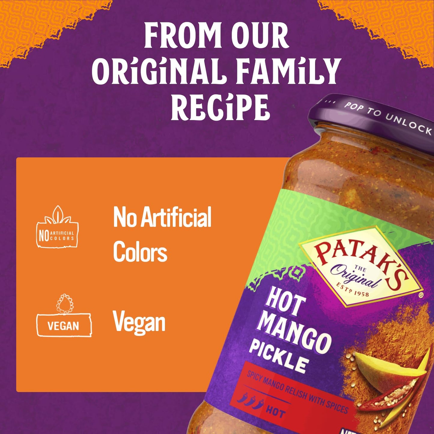 Patak’s Hot Mango Pickle - Authentic Indian Relish w/Mango Chunks, Mustard Seeds & Aromatic Spices – Perfect for Sandwiches, Salads & Cold Meats - Vegan Spicy Pickle - 10oz Jar (Pack of 1)