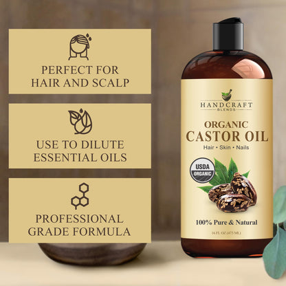 Handcraft Blends Organic Castor Oil 16 Fl Oz | 100% Pure and Natural | Premium Grade Carrier Oil | Hair, Eyelashes and Eyebrows | Hair and Body | Expeller-Pressed | Hexane-Free