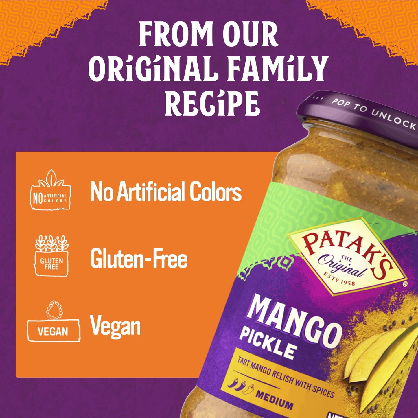 Patak’s Medium Mango Pickle - Authentic Indian Relish with Mango Chunks & Aromatic Spices - Perfect with Naan, Pappadum, Sandwiches & Salads - Vegan Spicy Pickle - 10oz Jar (Pack of 1)