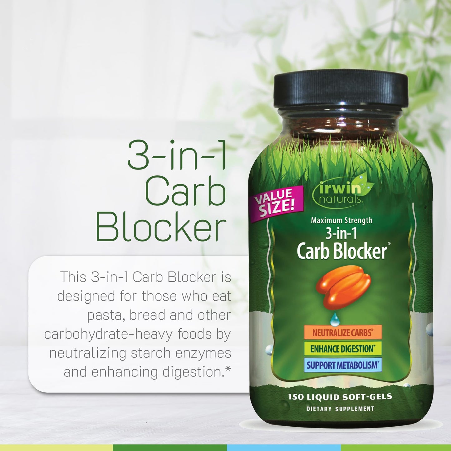 Irwin Naturals Maximum Strength 3-in-1 Carb Blocker - Neutralize Carbohydrates and Support Metabolism - 150 Liquid Softgels