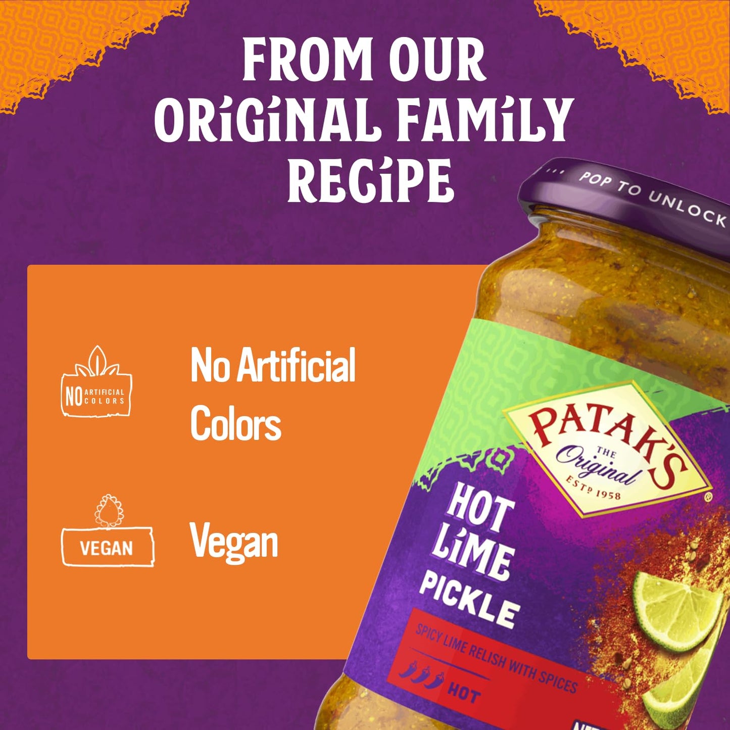 Patak’s Hot Lime Pickle - Authentic Indian Relish w/Lime Dices, Mustard Seeds & Aromatic Spices - Perfect for Sandwiches, Curries, Salads & Cold Meats - Vegan Spicy Pickle - 10oz Jar (Pack of 1)