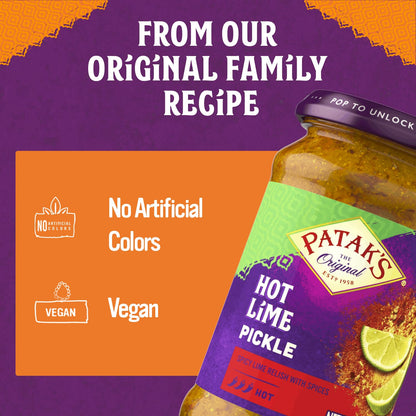 Patak’s Hot Lime Pickle - Authentic Indian Relish w/Lime Dices, Mustard Seeds & Aromatic Spices - Perfect for Sandwiches, Curries, Salads & Cold Meats - Vegan Spicy Pickle - 10oz Jar (Pack of 1)