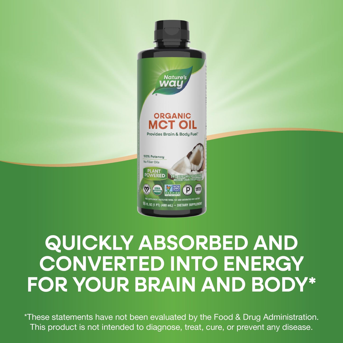 Nature’s Way Organic MCT Oil, Brain and Body Fuel*, Liquid Coconut MCT Oil with C8 Caprylic & C10 Capric Acids, 14 g Medium Chain Triglycerides per Serving, Keto & Paleo Certified, Non-GMO, 16 Fl Oz