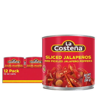 La Costeña Sliced Red Jalapeno Peppers for Mexican Food, Jalapeno Salsa, Enchiladas, Guacamole, Spicy Nacho & Taco Toppings - Pickled Vegetables - 12oz, 12 Pack Cans