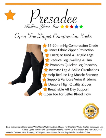 Presadee Open Toe 15-20 mmHg Moderate Compression Leg Calf Swelling Zipper Sock