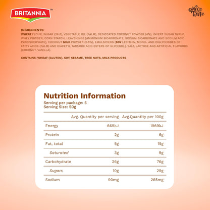 Britannia Nice Time 16.9oz (480g) - Delicious Coconut Biscuit Crunchy - Kids Favorite Breakfast & Tea Time Snacks (Pack of 6 * 80)