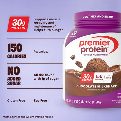Premier Protein Powder, Chocolate Milkshake, 30g Protein, 1g Sugar, No Soy, Gluten Free, 41.9oz (29 Servings)