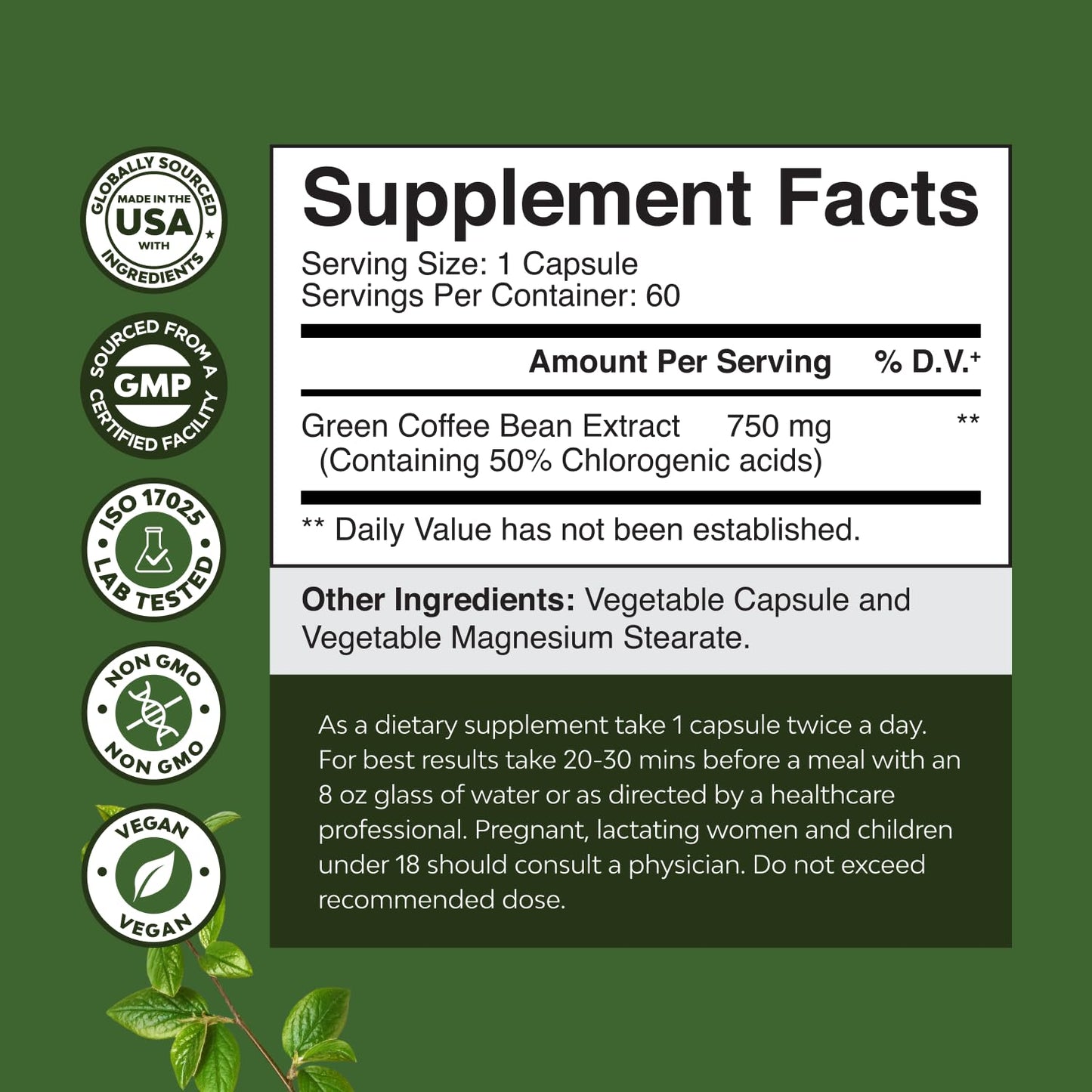 Pure Green Coffee Bean Extract - Super Energizing Green Coffee Extract with 50% Chlorogenic Acid for Antioxidant Healthy Heart Health Mental Focus - Natural Energy Supplement for Adults - 60 Count
