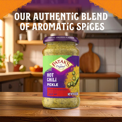Patak's Hot Chile Pickle, Authentic Indian Relish with Green Chiles, Mustard Seeds & Aromatic Spices, Perfect for Sandwiches, Curries, Salads & Cold Meats, Vegan Spicy, 10 oz Jar