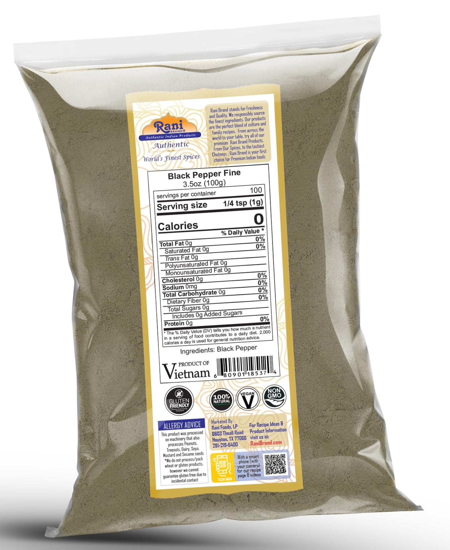 Rani Black Pepper Fine Powder 80 Mesh 3.5oz (100g) ~ All Natural | Vegan | Gluten Friendly | NON-GMO | Kosher | Product of Vietnam
