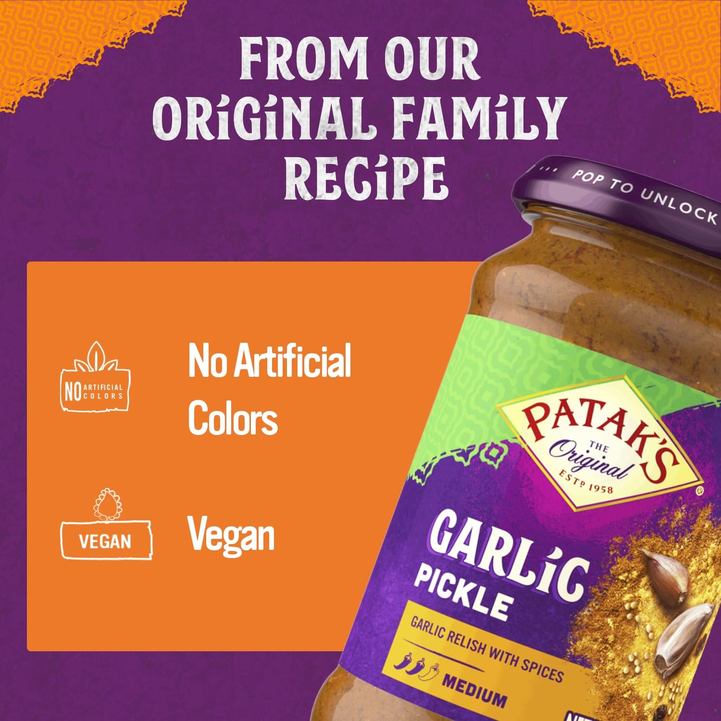 Patak’s Garlic Pickle - Authentic Indian Relish w/Garlic Cloves, Raisins & Aromatic Spices - Perfect for Sandwiches, Curries & Cold Meats - Vegan Medium Heat Spicy Pickle - 10.6oz Jar (Pack of 1)