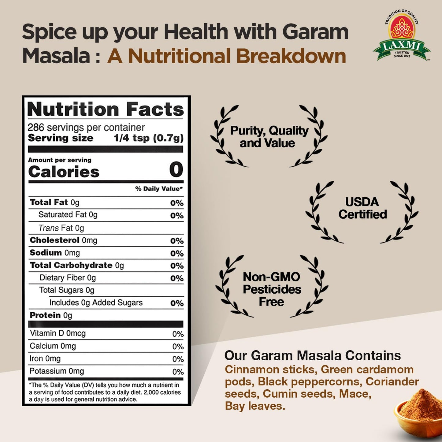 Laxmi Garam Masala 7 Oz (200gm) | A spicy and aromatic blend of our various salt free seasonings and spices | Non-GMO Product | For cooking and seasoning