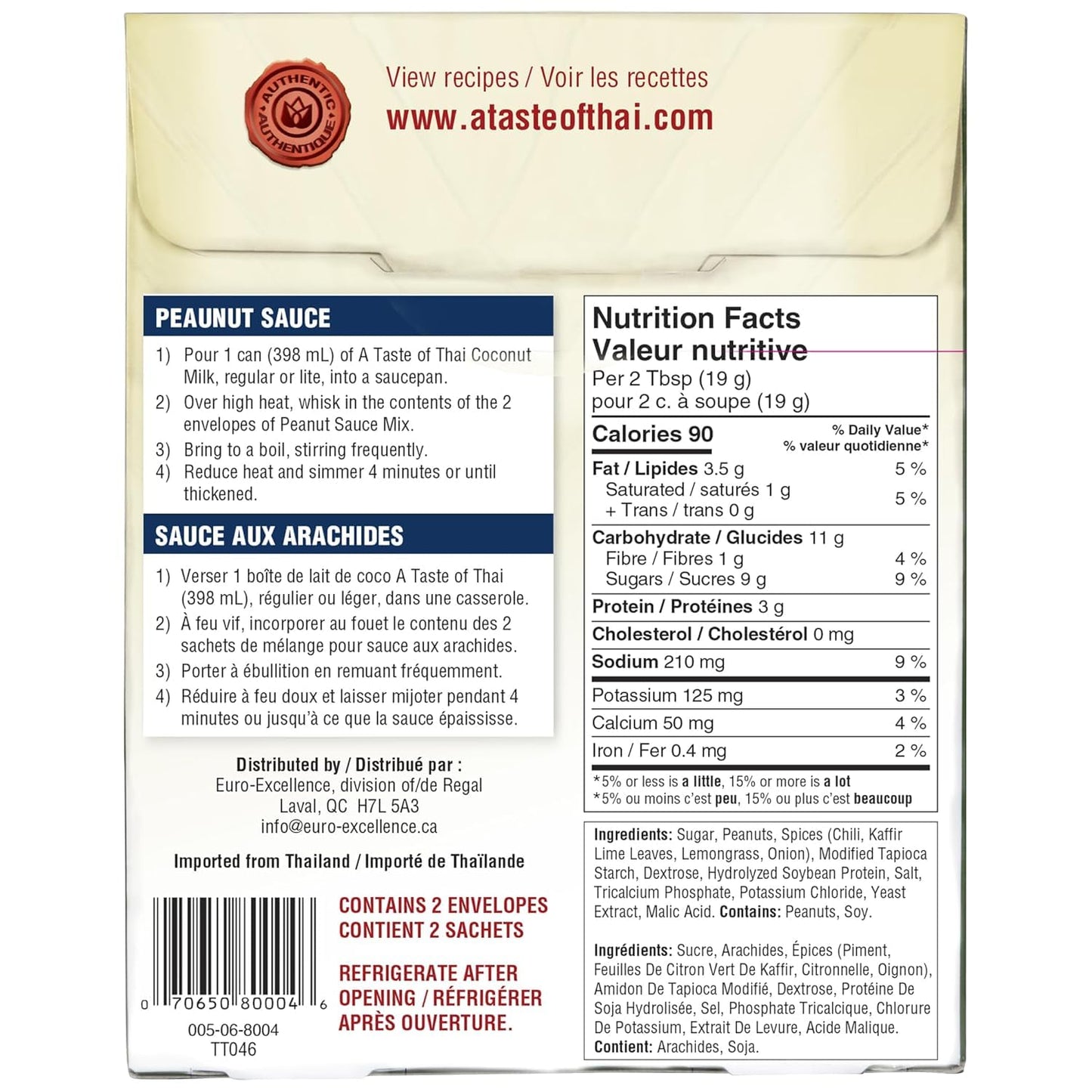A Taste of Thai Peanut Sauce Mix Packets | Authentic Thai-Style Sauce with Ground Peanuts & Traditional Spices | Ready in Minutes | No Artificial Flavors | Non-GMO, Gluten-Free – 3.5 oz