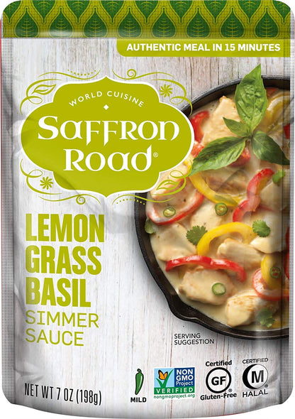 Saffron Road Lemongrass Basil Simmer Sauce | Globally Inspired Simmer Sauce | Gluten-free, Vegan, Non-GMO, and Certified Halal and Kosher | 7.0oz Pouch | Pack of 8
