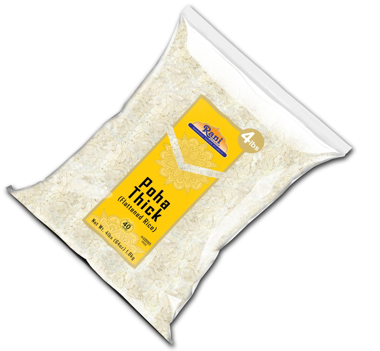 Rani Poha (Powa) Thick Medium-Cut (Flattened Rice) 64oz (4lbs) 1.81kg ~ All Natural, Salt-Free | Vegan | Kosher | No Colors | Gluten Friendly | Indian Origin