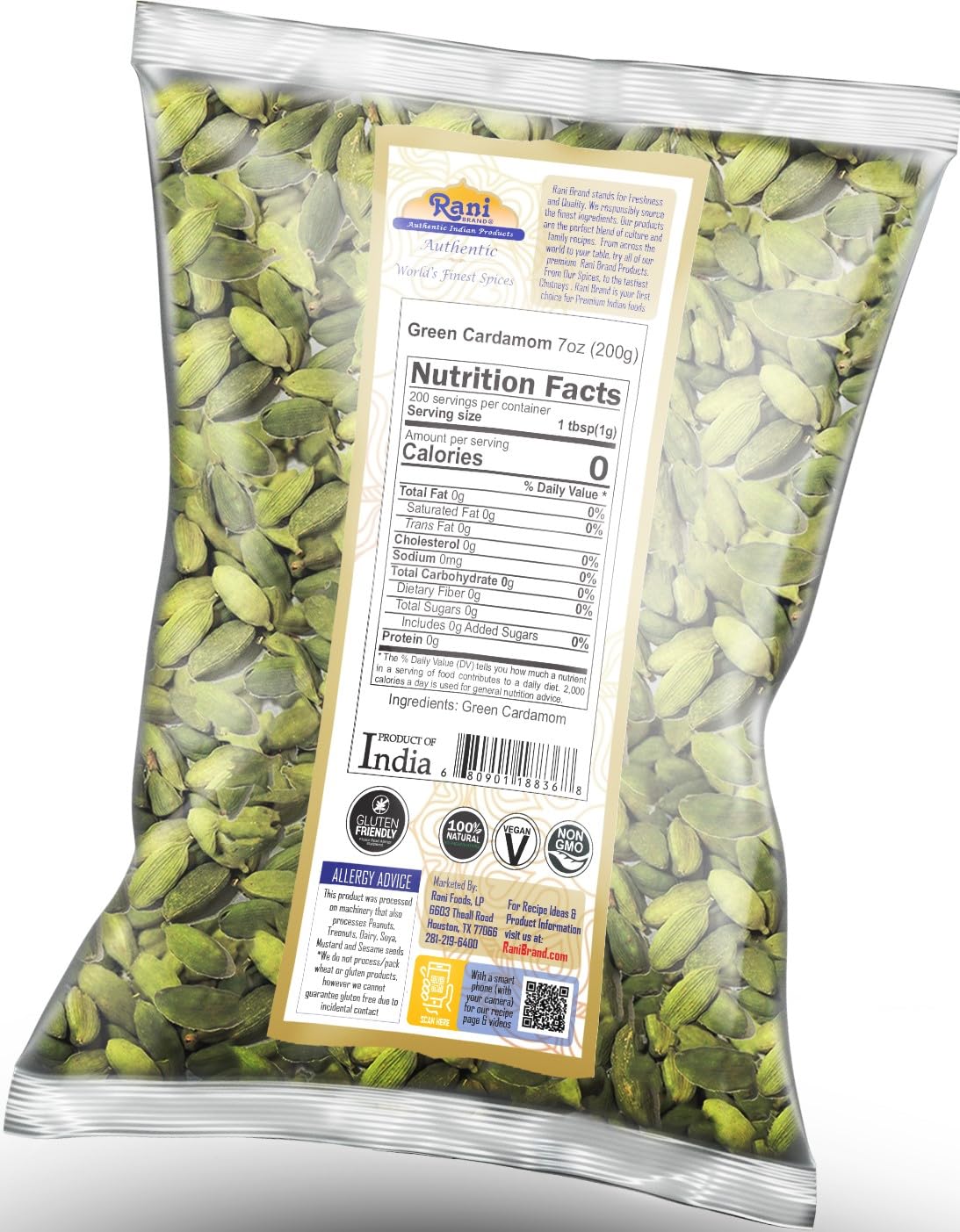 Rani Green Cardamom Pods Spice (Hari Elachi) 7oz (200g) ~ All Natural | Vegan | Gluten Friendly | NON-GMO | Kosher | Product of India