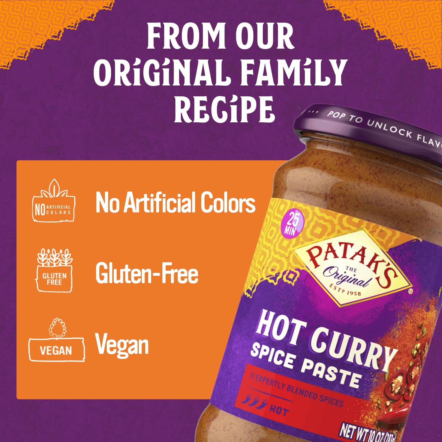 Patak's Hot Curry Spice Paste, Indian Cooking with Freshly Ground Spices, Ideal for Chicken, Vegetables & One-Pot Meals, Base, 10 oz Jar, 6-Pack