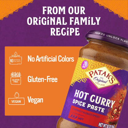 Patak's Hot Curry Spice Paste, Indian Cooking with Freshly Ground Spices, Ideal for Chicken, Vegetables & One-Pot Meals, Base, 10 oz Jar, 6-Pack