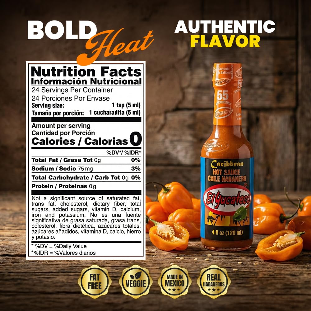 El Yucateco Caribbean Habanero Hot Sauce, Authentic Mexican Caribbean Style, Habanero Pepper Sauce, 4 fl oz Bottles, Pack of 1