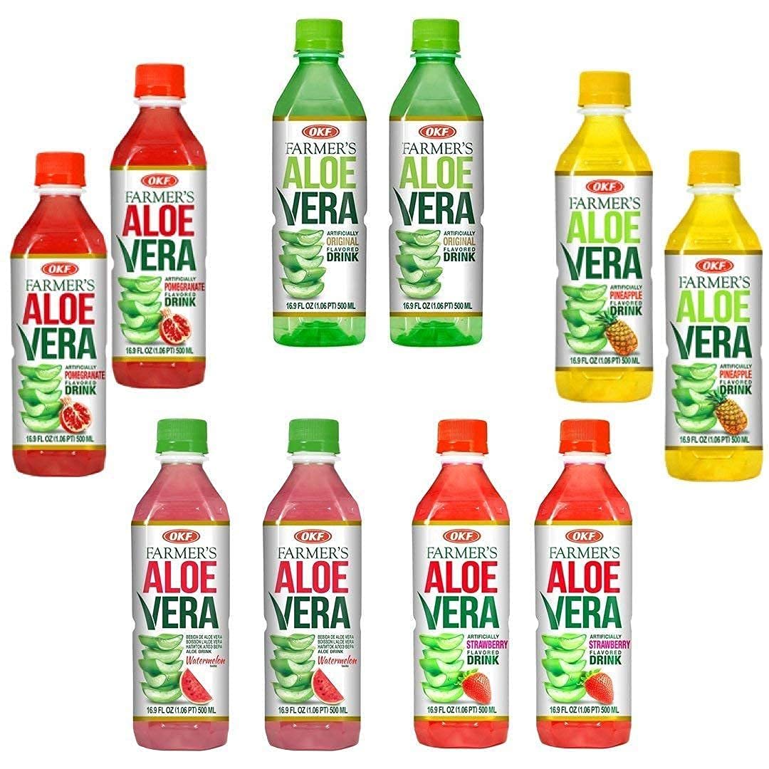 OKF Farmer's Aloe Vera Drink Flavored Variety Pack - Original, Pomegranate, Pineapple, Strawberry, Watermelon Flavored Aloe Drinks (16.9oz/500ml Bottles 10 Count)