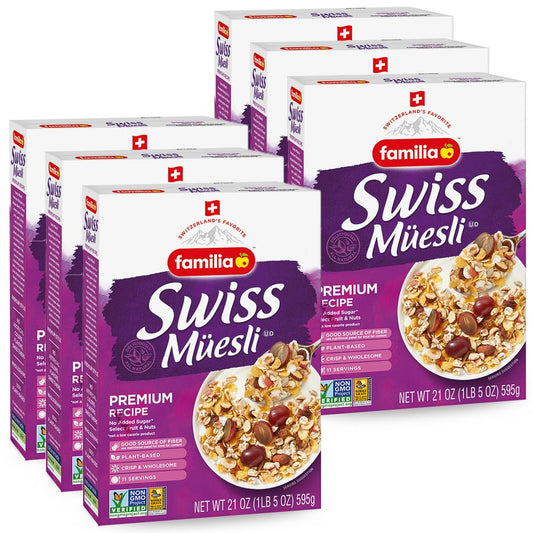 Familia Swiss Muesli Cereal, Premium Recipe with Spelt Flakes, Krispies, Fruit and Nuts, 0g Added Sugar, 21 Ounce (Pack of 6)