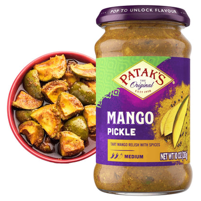 Patak’s Medium Mango Pickle - Authentic Indian Relish with Mango Chunks & Aromatic Spices - Perfect with Naan, Pappadum, Sandwiches & Salads - Vegan Spicy Pickle - 10oz Jar (Pack of 1)