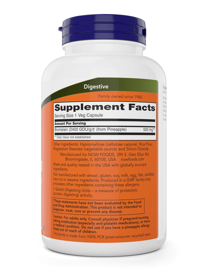 Now Bromelain 500 mg, 200 Veg Capsules - Natural Pineapple, Proteolytic Enzyme Supplement, 2400 GDU
