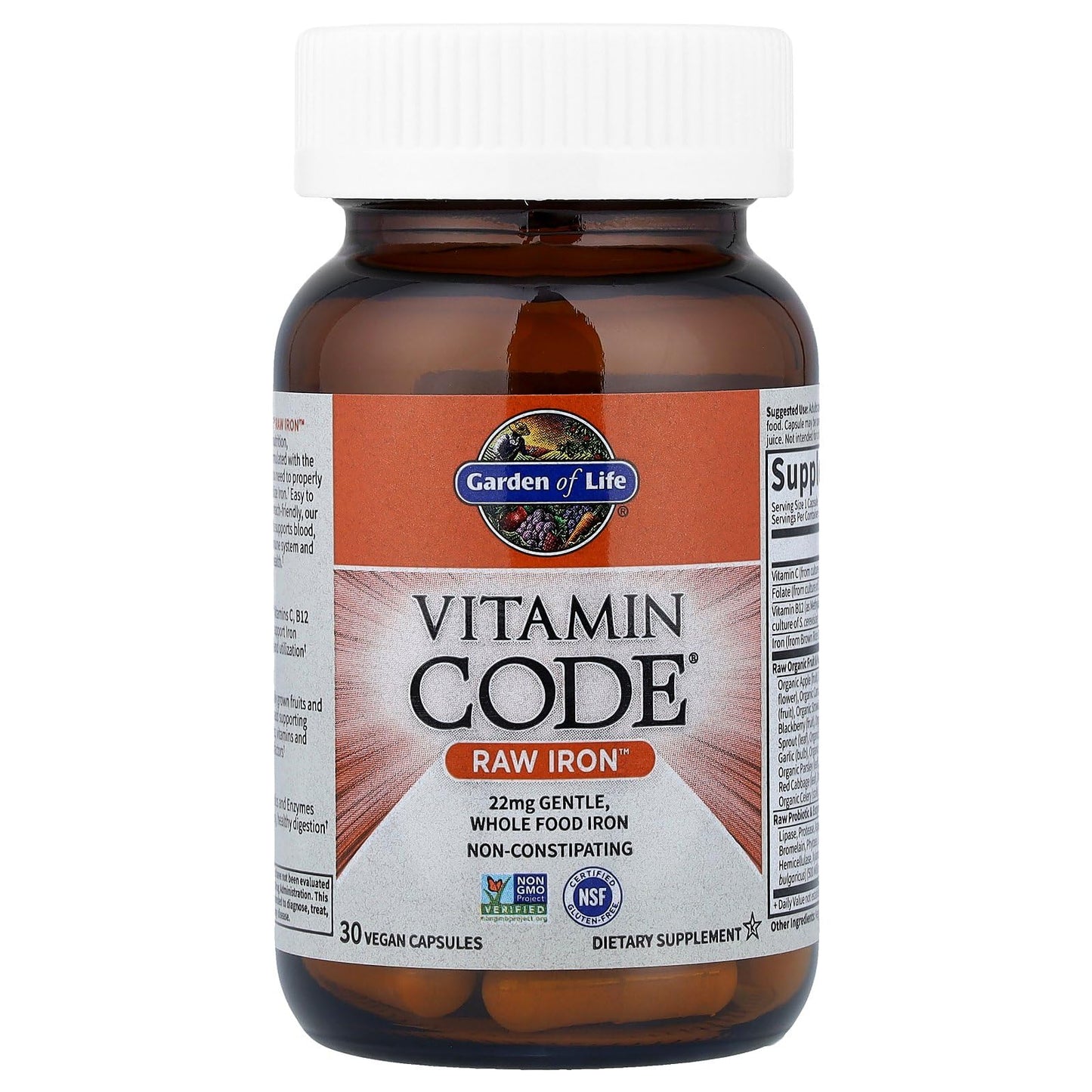 Garden of Life Vitamin Code Raw Iron Supplement - 30 Vegan Capsules, 22mg Once Daily Iron, Vitamins C, B12, Folate, Fruit, Veggies & Probiotics, Iron Supplements for Women, Energy & Anemia Support