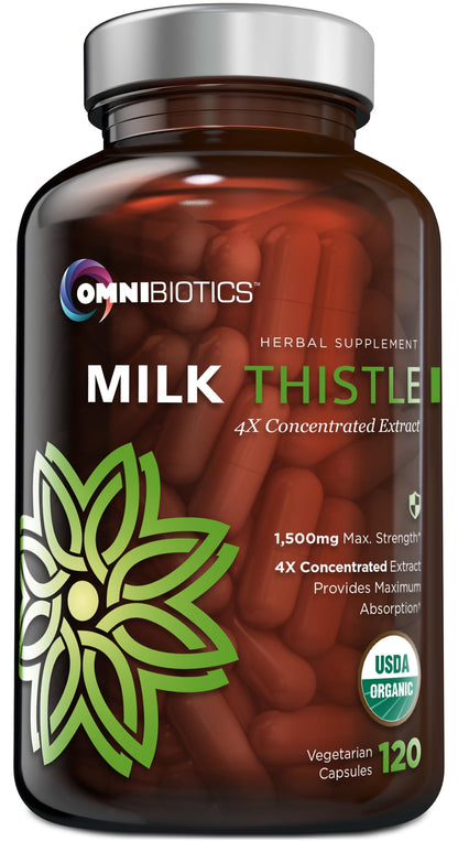 OmniBiotics Organic Milk Thistle Supplement 1500mg – 4X Concentrated Extract with Silymarin – High Potency Liver Detox & Support – 120 Vegan Capsules
