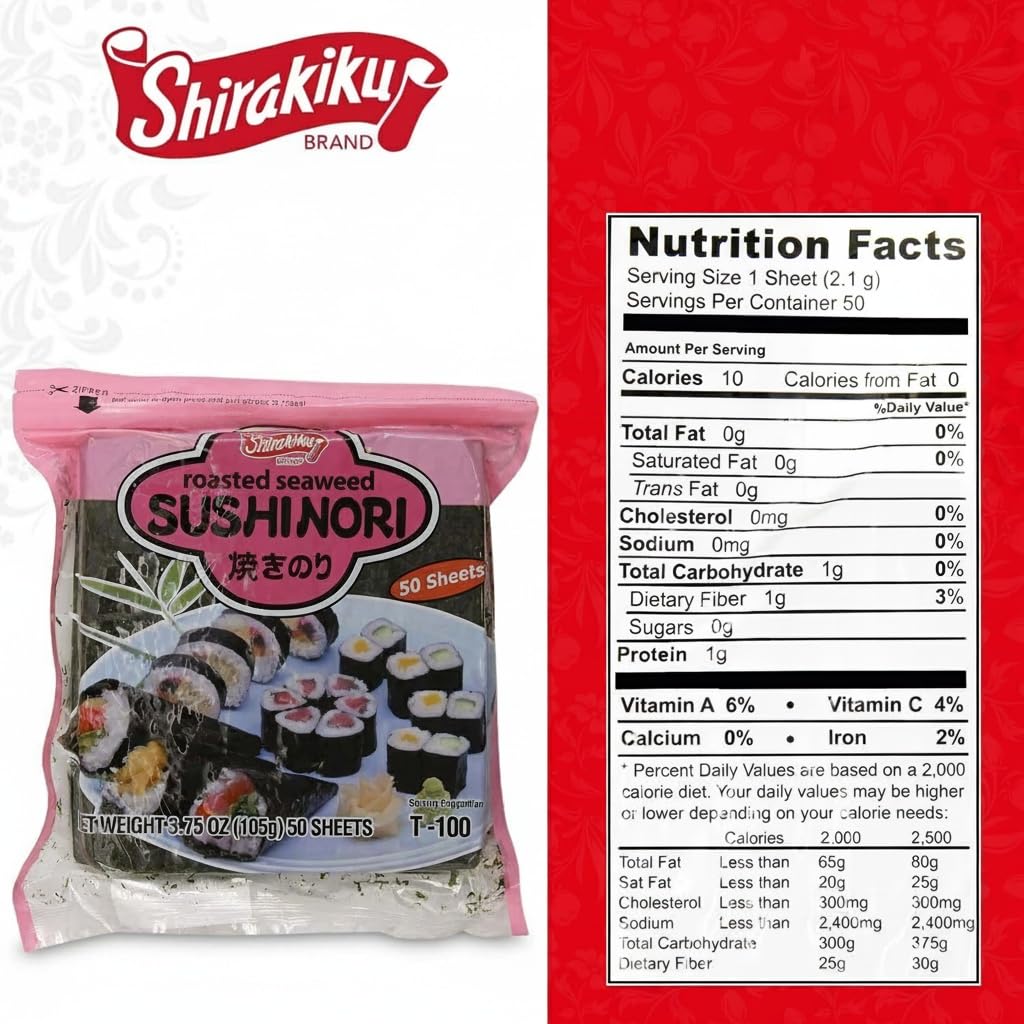 "Shirakiku Sushi Nori Seaweed - Japanese Sushi Nori Roasted Seaweed Sheets for Sushi Rolls | Perfect for Soups, Tofu, and Salads | Pack of 1 Contains 50 Sheets, 3.75OZ"