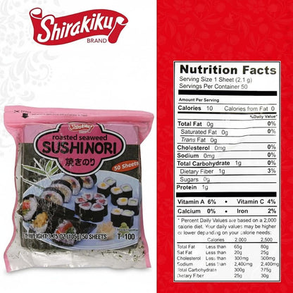 "Shirakiku Sushi Nori Seaweed - Japanese Sushi Nori Roasted Seaweed Sheets for Sushi Rolls | Perfect for Soups, Tofu, and Salads | Pack of 1 Contains 50 Sheets, 3.75OZ"