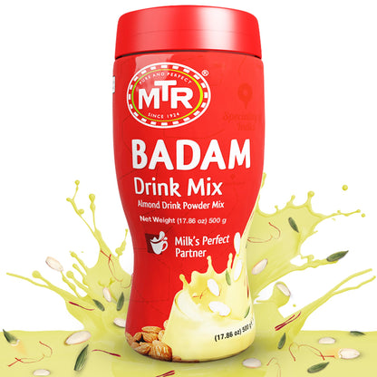 MTR Badam Drink Mix – 500g Pack of 1, Multi-purpose Drink Mix, Premium Almond Drink Mix made with select quality Almonds, Saffron & Cardamom, Authentic Indian Flavor, Quick & Easy to Prepare, Ideal for Desserts