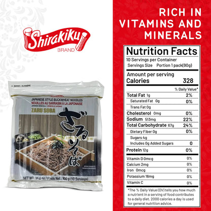 Shirakiku Zaru Soba Noodles | Japanese Style Dried Buckwheat Flavor Instant Noodles | Contains Wheat Flour | Low in Calories Easy to cook Soba Noodles 900g/31.8oz (10 Servings)