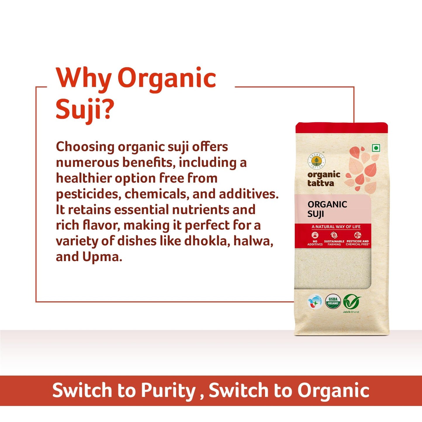Organic Tattva Semolina Coarse Rawa Suji, 500g USDA Organic Certified