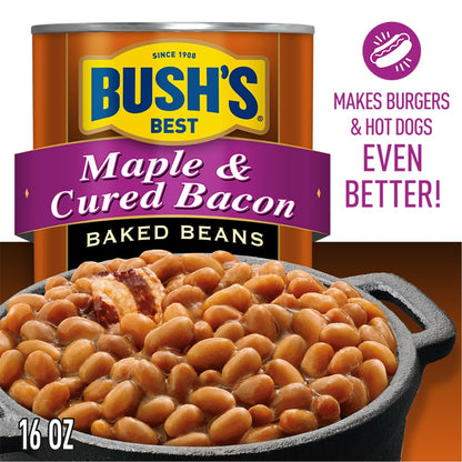 BUSH'S BEST 16 oz Canned Maple Cured Bacon Baked Beans Source of Protein and Fiber, Low Fat, Gluten Free, (Pack of 12)