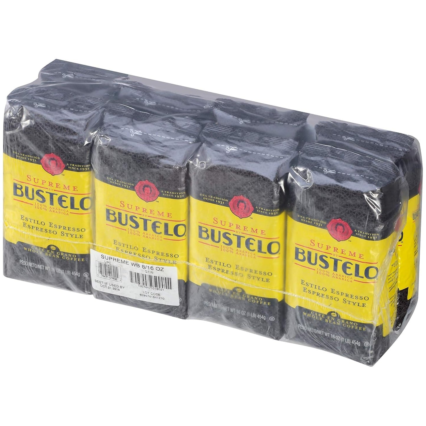 Café Bustelo Supreme by Bustelo Espresso Style Dark Roast Whole Bean Coffee, 16 Ounce (Pack of 8), Red