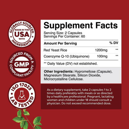 Red Yeast Rice with CoQ10 Supplement - Advanced Healthy Heart & Healthy Cholesterol Levels Formula for Men & Women - Extra Strength Capsule with Red Yeast Rice 1200 mg Capsules with CoQ10 - 120 Count