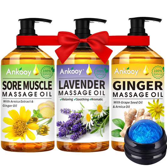 3 Pack Massage Oil for Massage Therapy,Sore Muscle Arnica Oil & Relaxing Lavender Oil & Ginger Oil Lymphatic Drainage & Massage Ball,Easter Basket Stuffers for Adults,Easter Gifts for Men Women