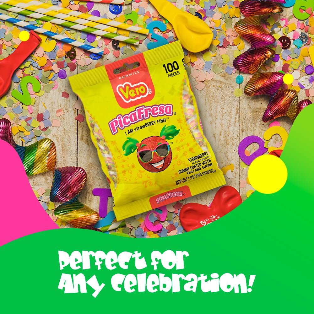 Vero Pica fresa - Strawberry Flavored Chewy Gummy Candy Treats - 100 Piece (Pack of 1)- (1 Lb, 5.15 Ounces Each) - Individually Wrapped Mexican Candy Perfect for Piñatas, Halloween, and More