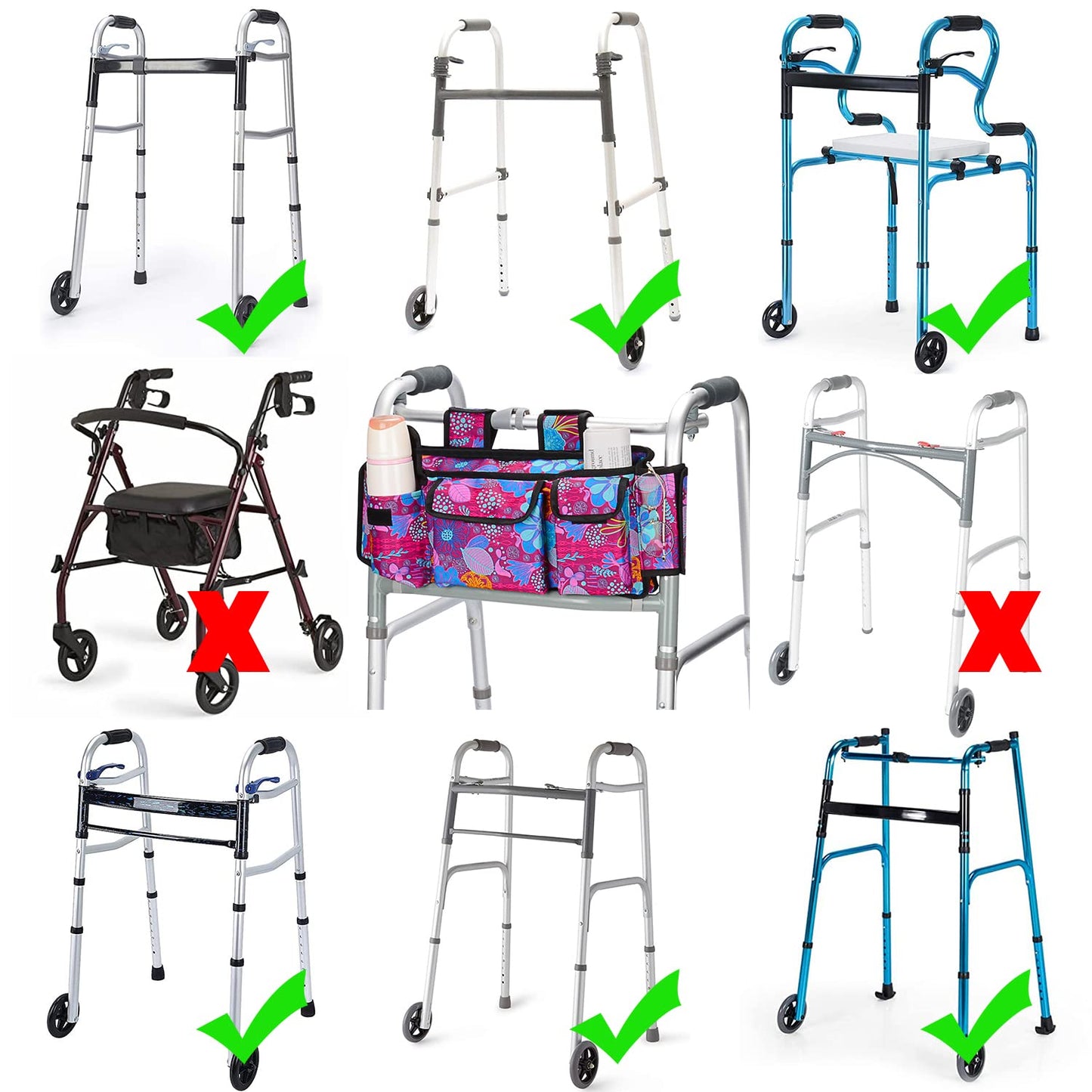 supregear Walker Bag Basket, Multi Pockets Folding Walker Pouch with Cup Holder and Zipper Compartment for Seniors, Water Resistant Walker Attachment Accessories Storage Bag