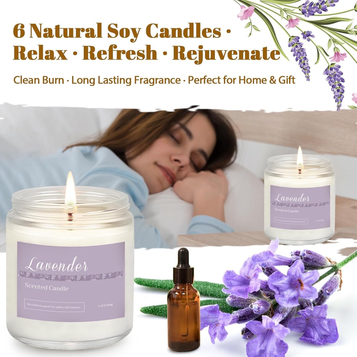 6 Pack Scented Candles Gift Set, Long Lasting Aromatherapy Candles for Home, 37.8 oz 300 Hour Burn, Lavender Jasmine Vanilla Sage Sandalwood Rose Eucalyptus Mint, Gifts for Women